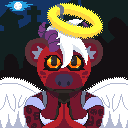 Billie dressed in a cheap angel costume, pretending to pray while looking up with big begging eyes. She just wants a little soul...